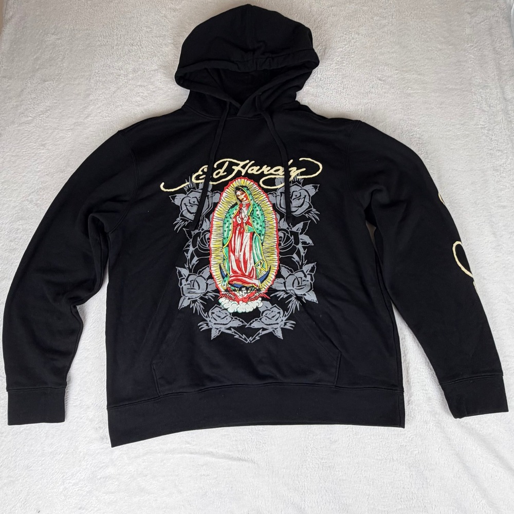 Ed Hardy Mens Large Graphic Hoodie Black Virgin Mary Rose Sweatshirt Winter